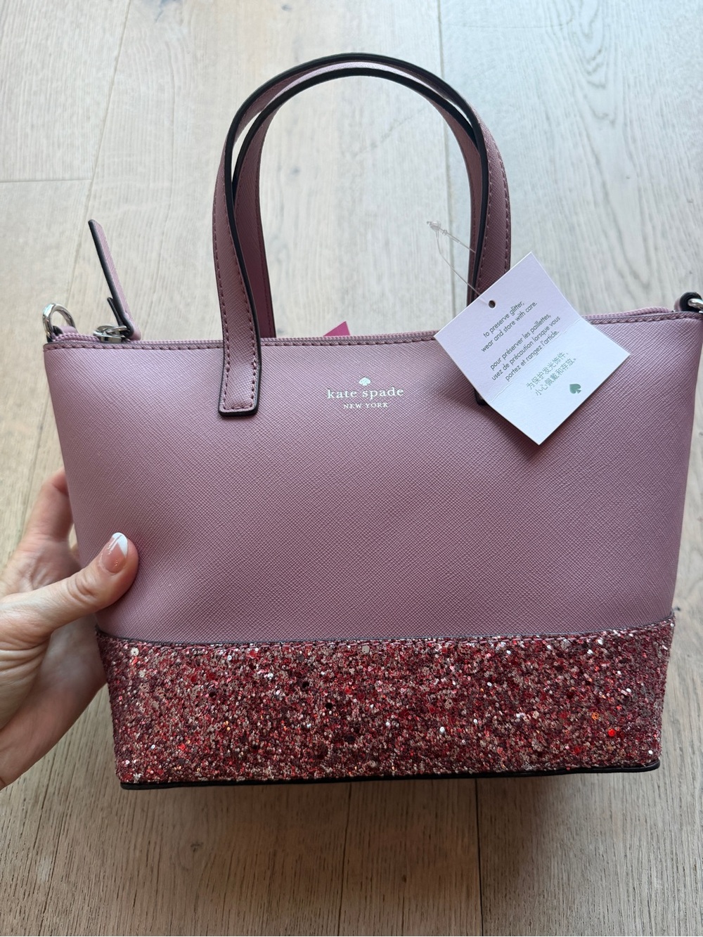 kate spade mauve pink tote with glitter base